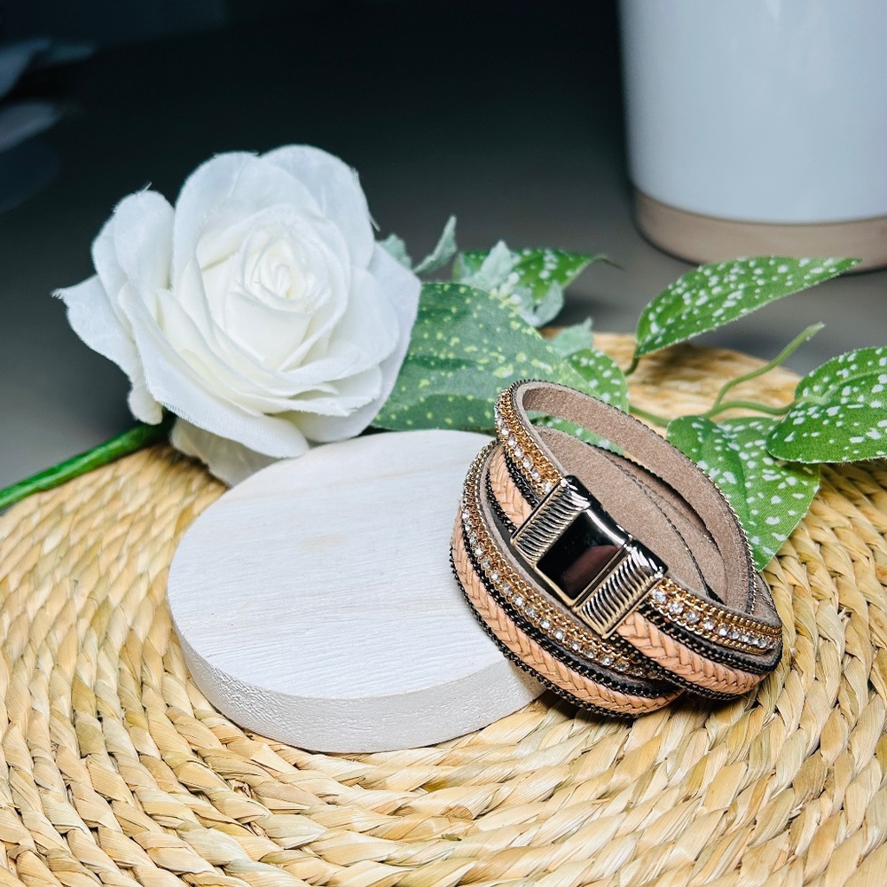 Multiple Layer Crystal, Brass, Braided Leather Wr… - image 5